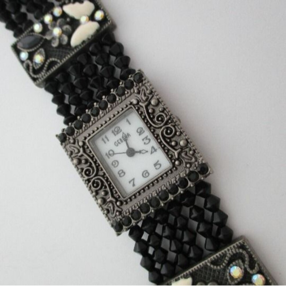 Geneva brand Trendz Vintage Butterfly Flower Black Crystal Bracelet Watch